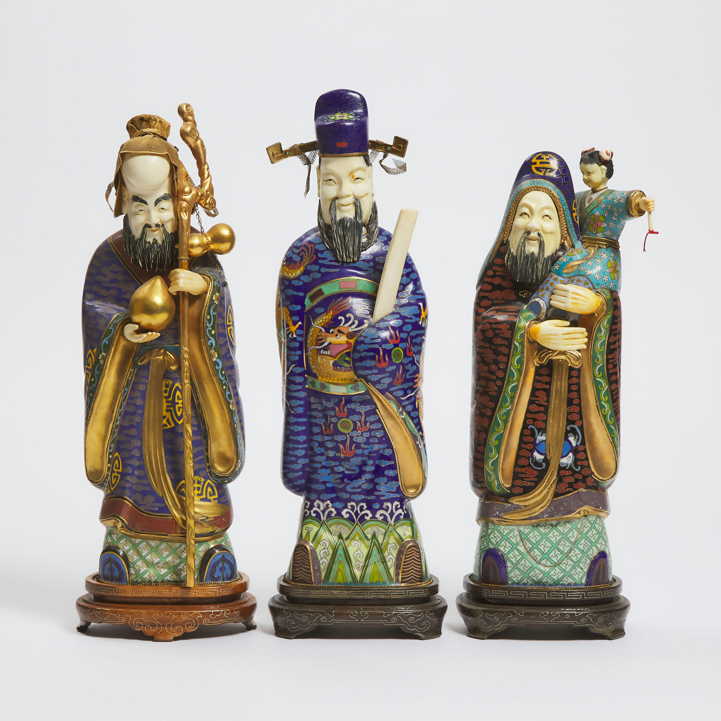 A Set of Three Ivory and Cloisonné 'Fu Lu Shou' Figures, Mid-20th Century