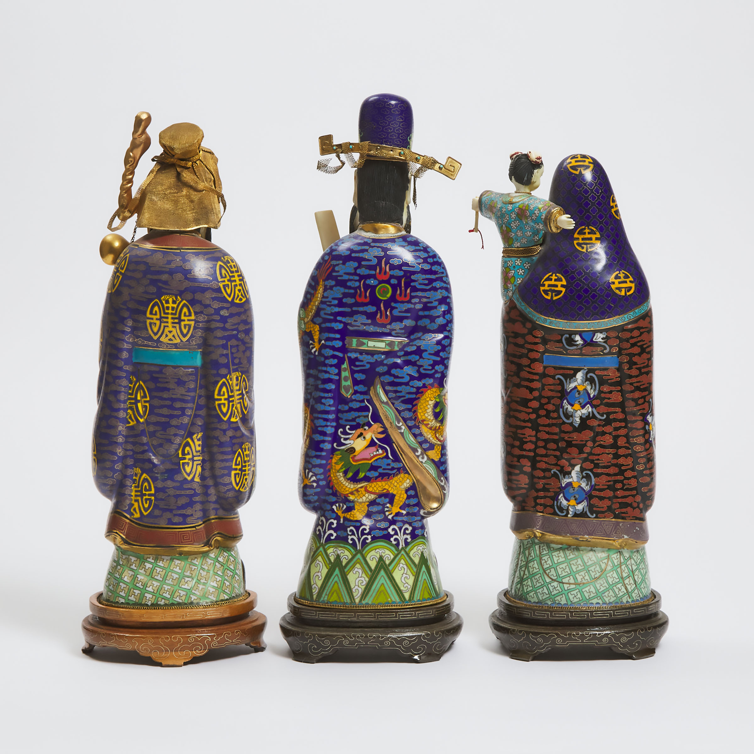 A Set of Three Ivory and Cloisonné 'Fu Lu Shou' Figures, Mid-20th Century