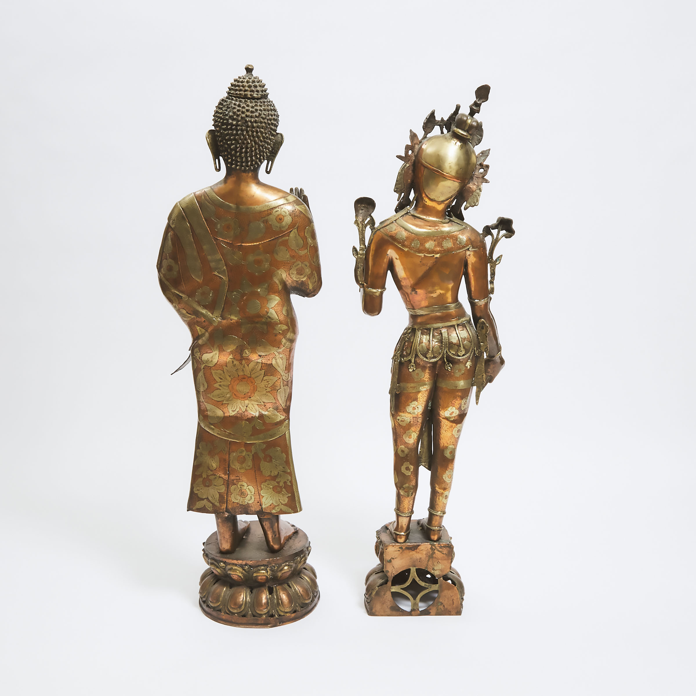 Two Massive Nepalese Brass Standing Figures of Buddha Shakyamuni and Standing Tara, 20th Century