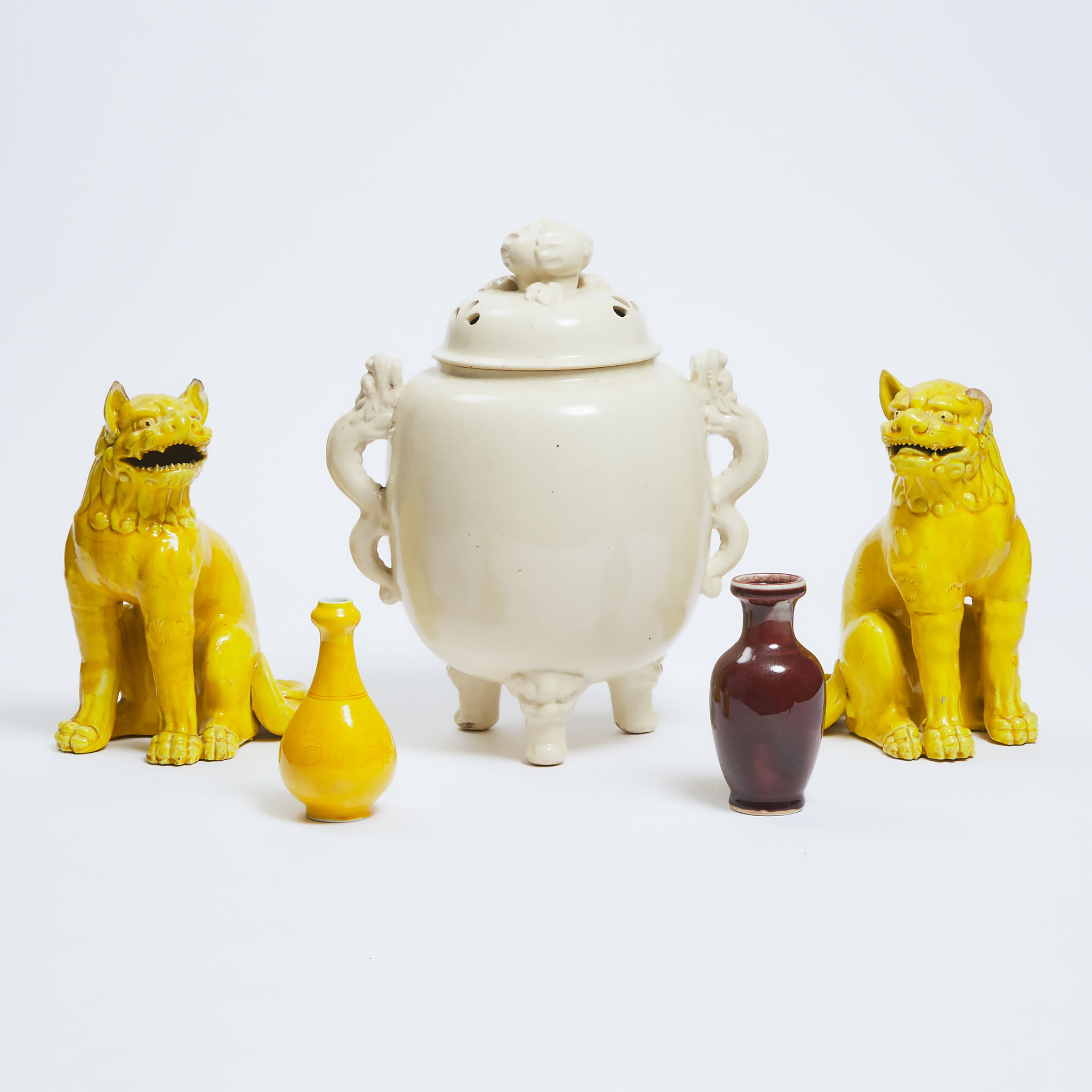 A Pair of Yellow Crackled-Glaze Lions, a White Crackled Glaze Censer, and Two Miniature Vases