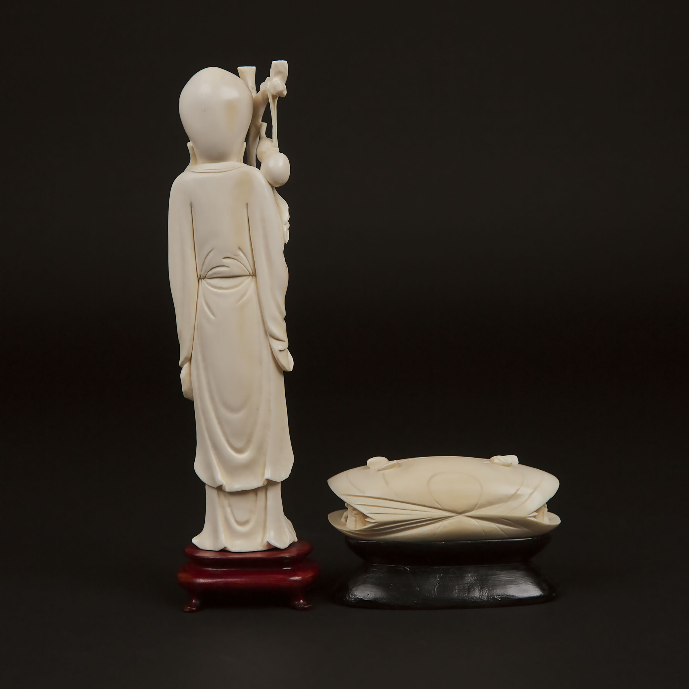 Two Ivory Carvings of Shoulao and a Landscape Within a Clam Shell, Mid 20th Century