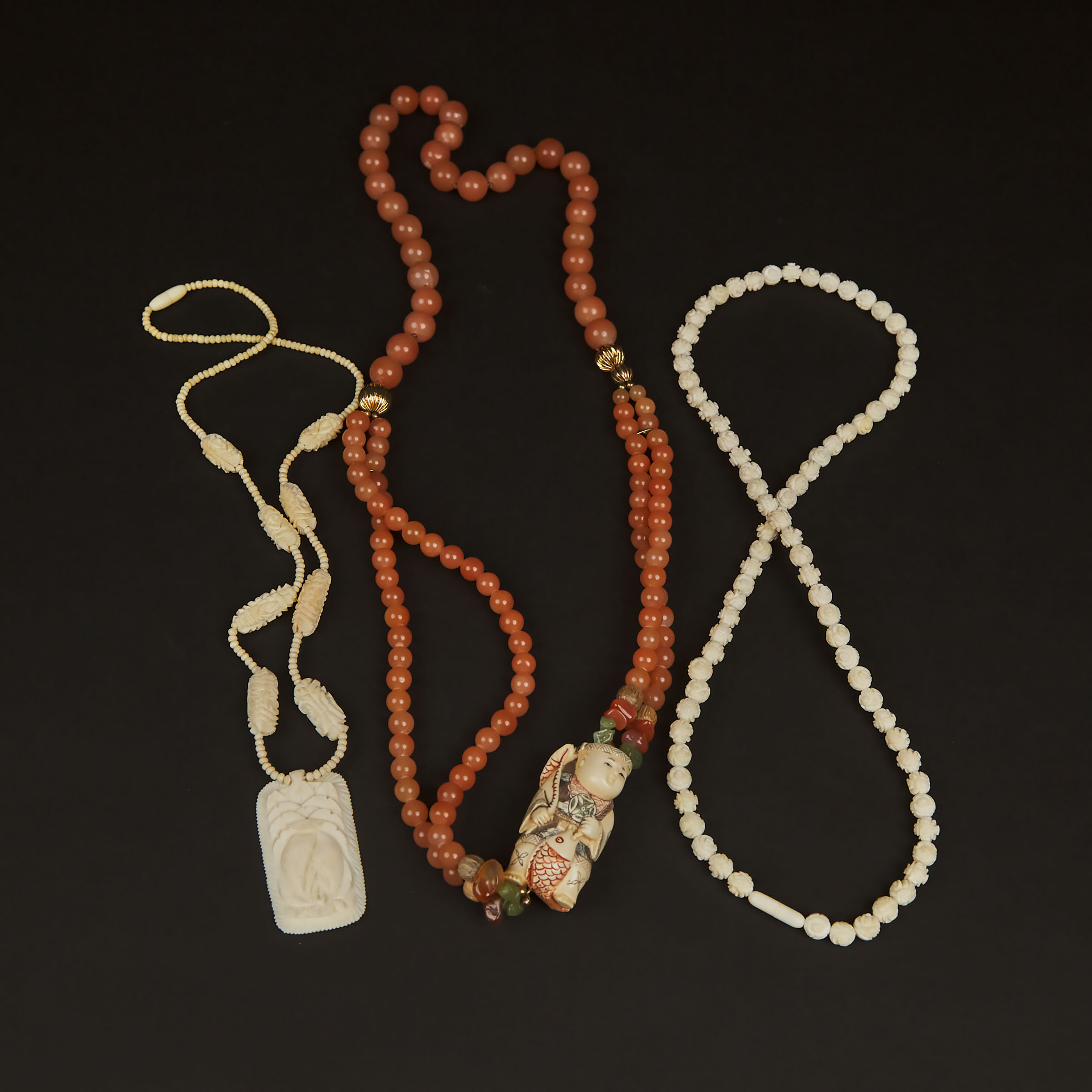 Three Ivory and Carnelian Beaded Necklaces