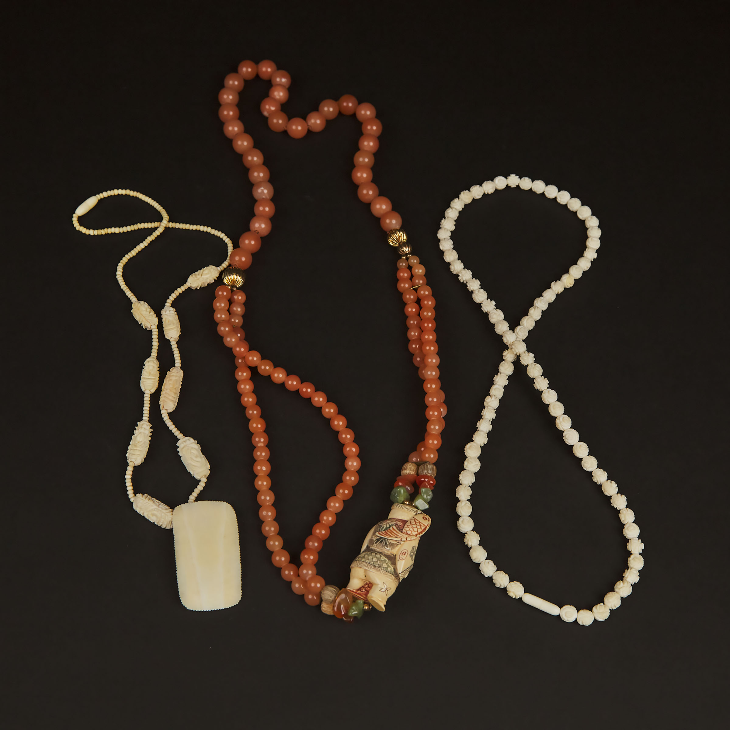 Three Ivory and Carnelian Beaded Necklaces