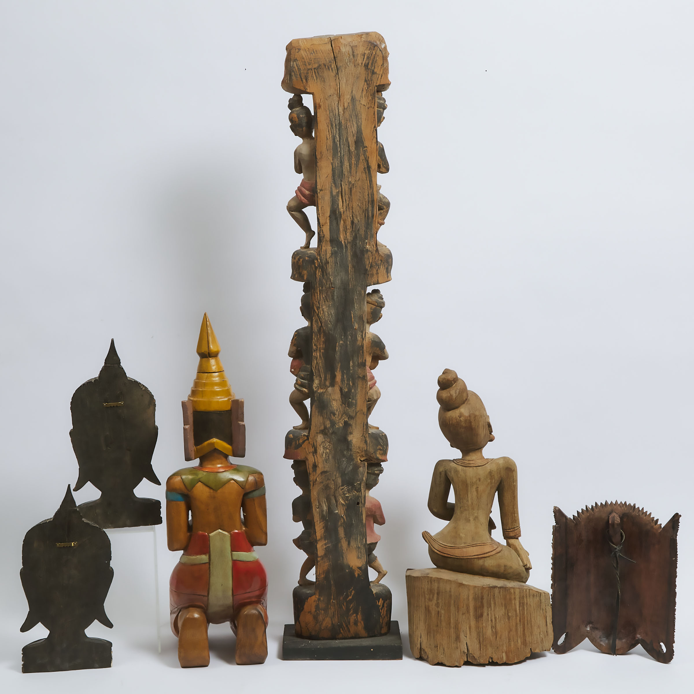 A Group of Six Large Thai/Southeast Asian Wood Carvings