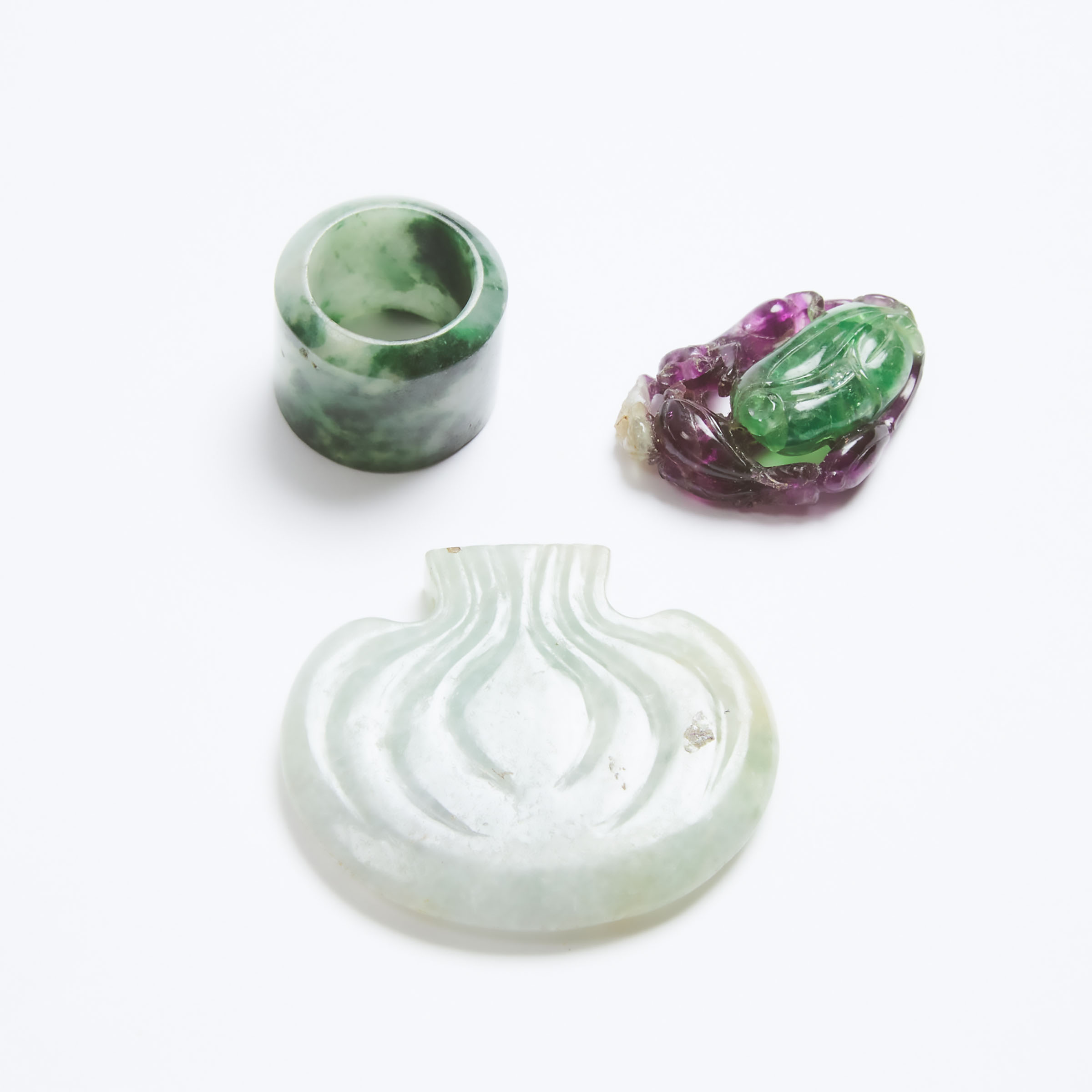 A Group of Three Jadeite and Rainbow Fluorite Carvings, Qing Dynasty, 19th Century