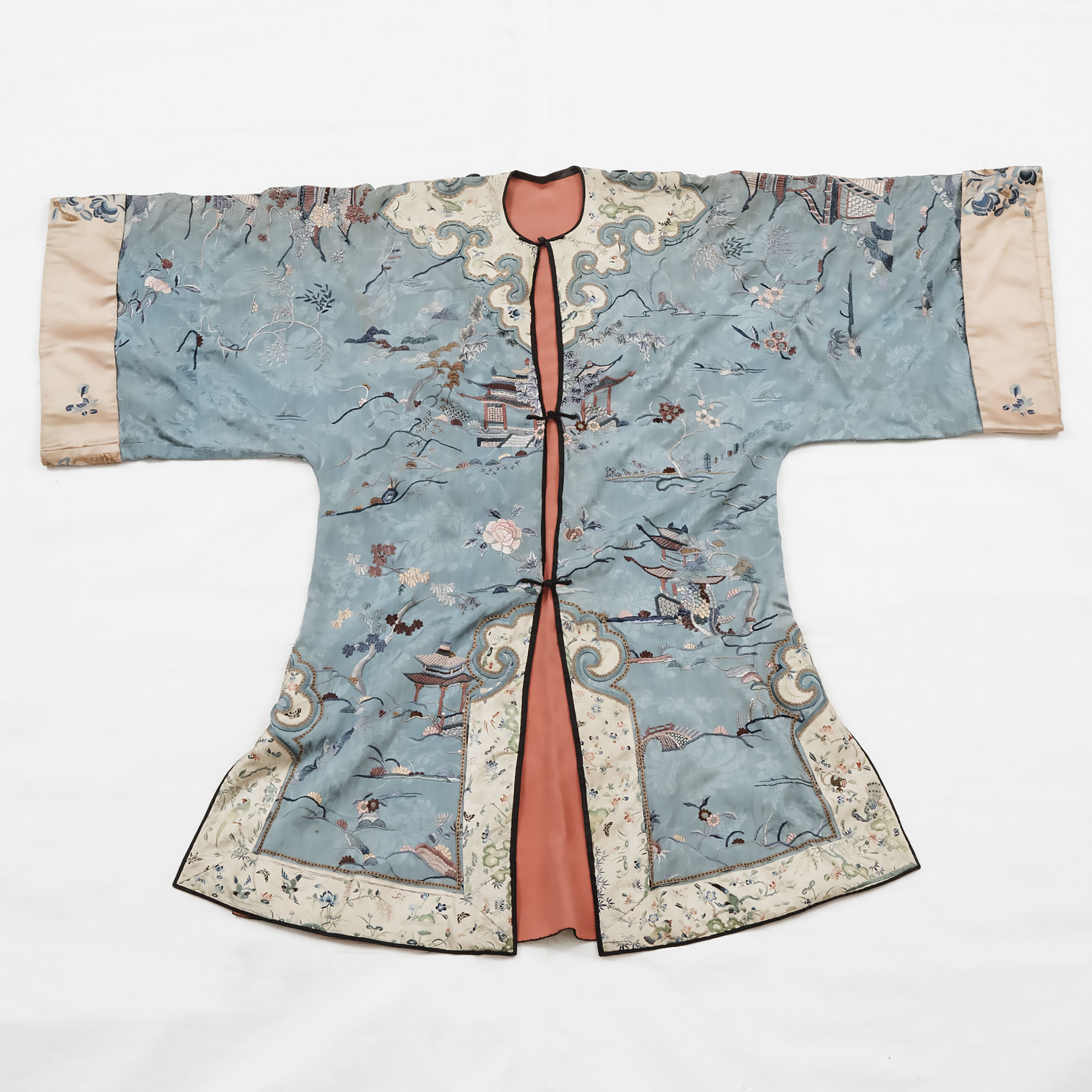 A Chinese Embroidered Pale Blue Ground 'Landscape' Surcoat, 19th Century