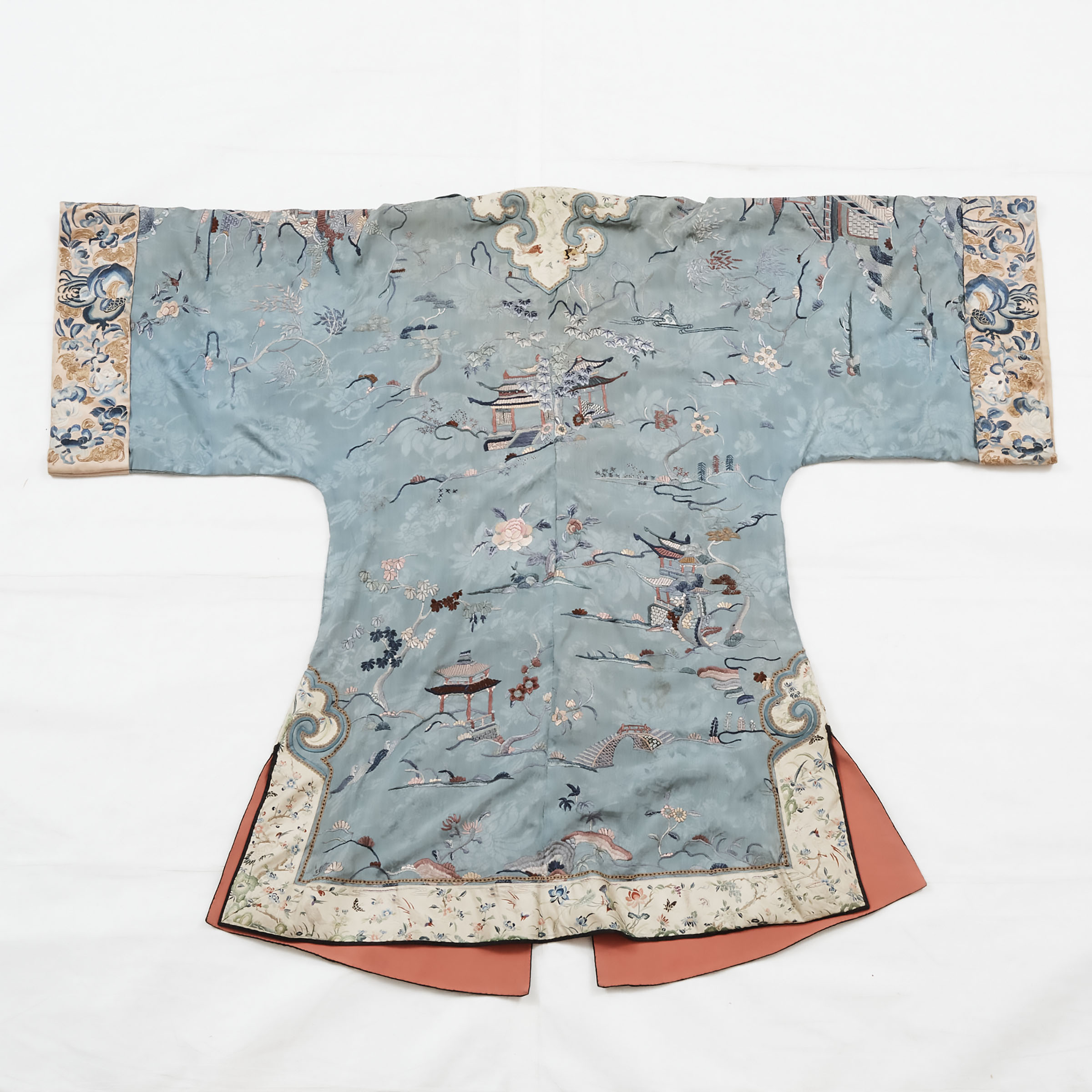 A Chinese Embroidered Pale Blue Ground 'Landscape' Surcoat, 19th Century