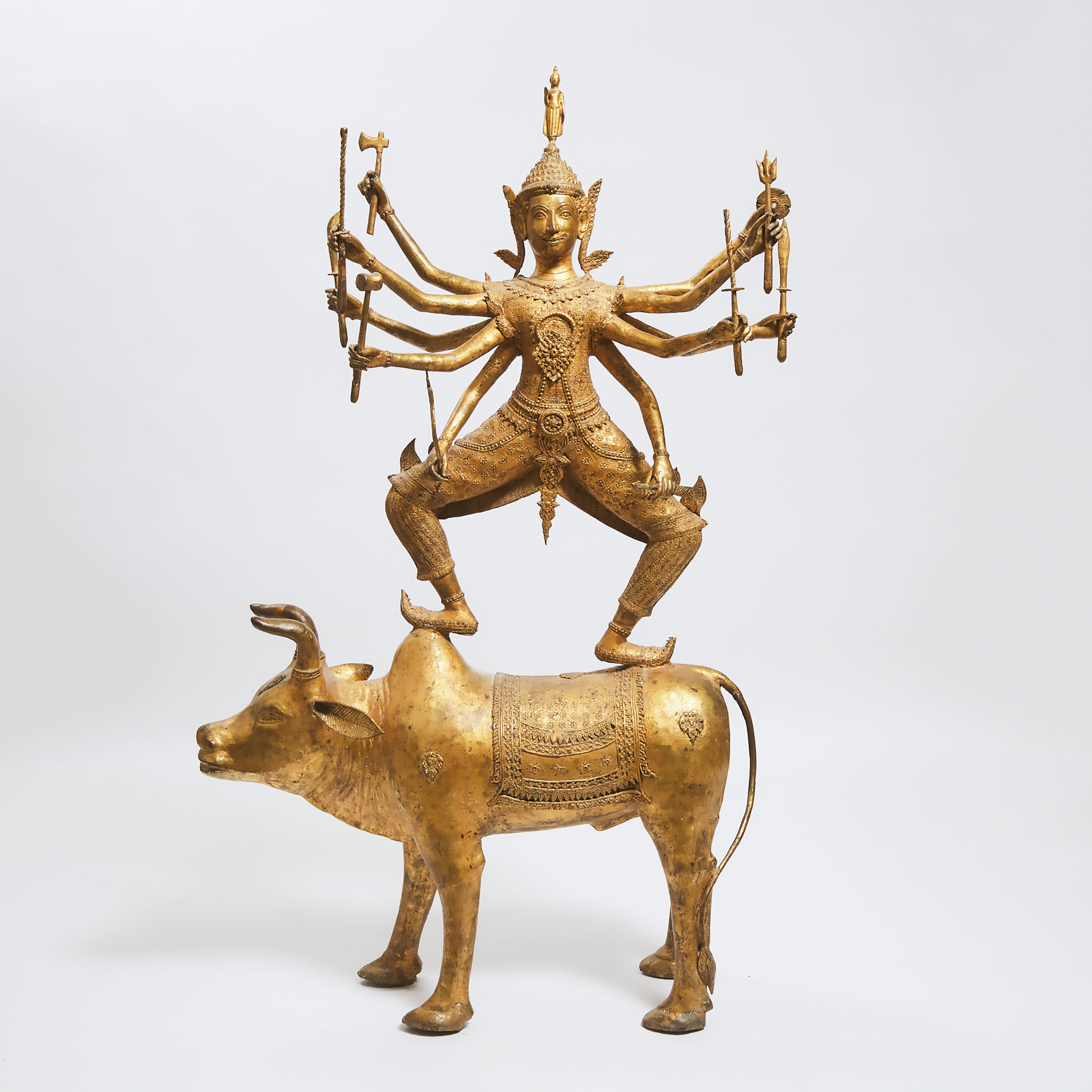 A Massive Gold-Painted Bronze Statue of Durga Riding Nandi, Thailand, 19th/20th Century