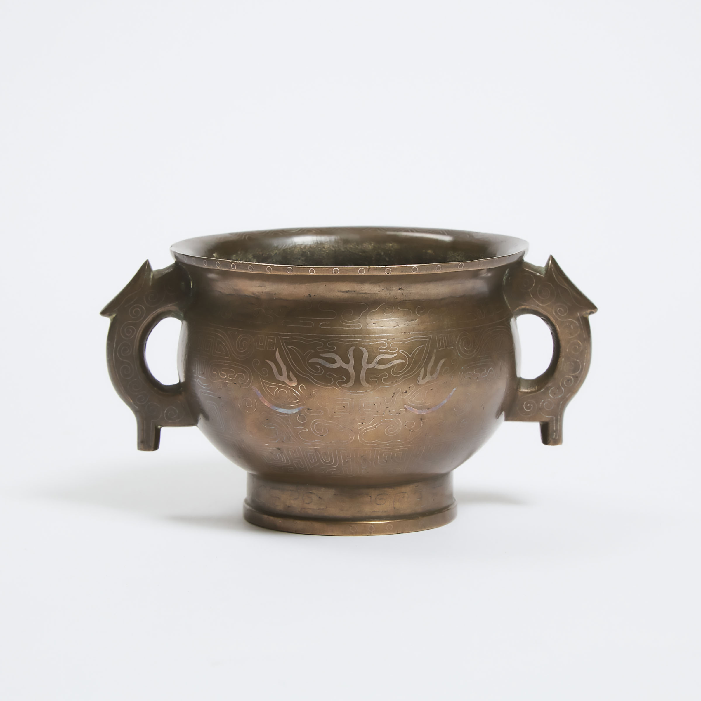 A Silver-Inlaid Bronze Gui-Form Censer, Shisou Mark, Ming/Qing Dynasty, 17th/18th Century