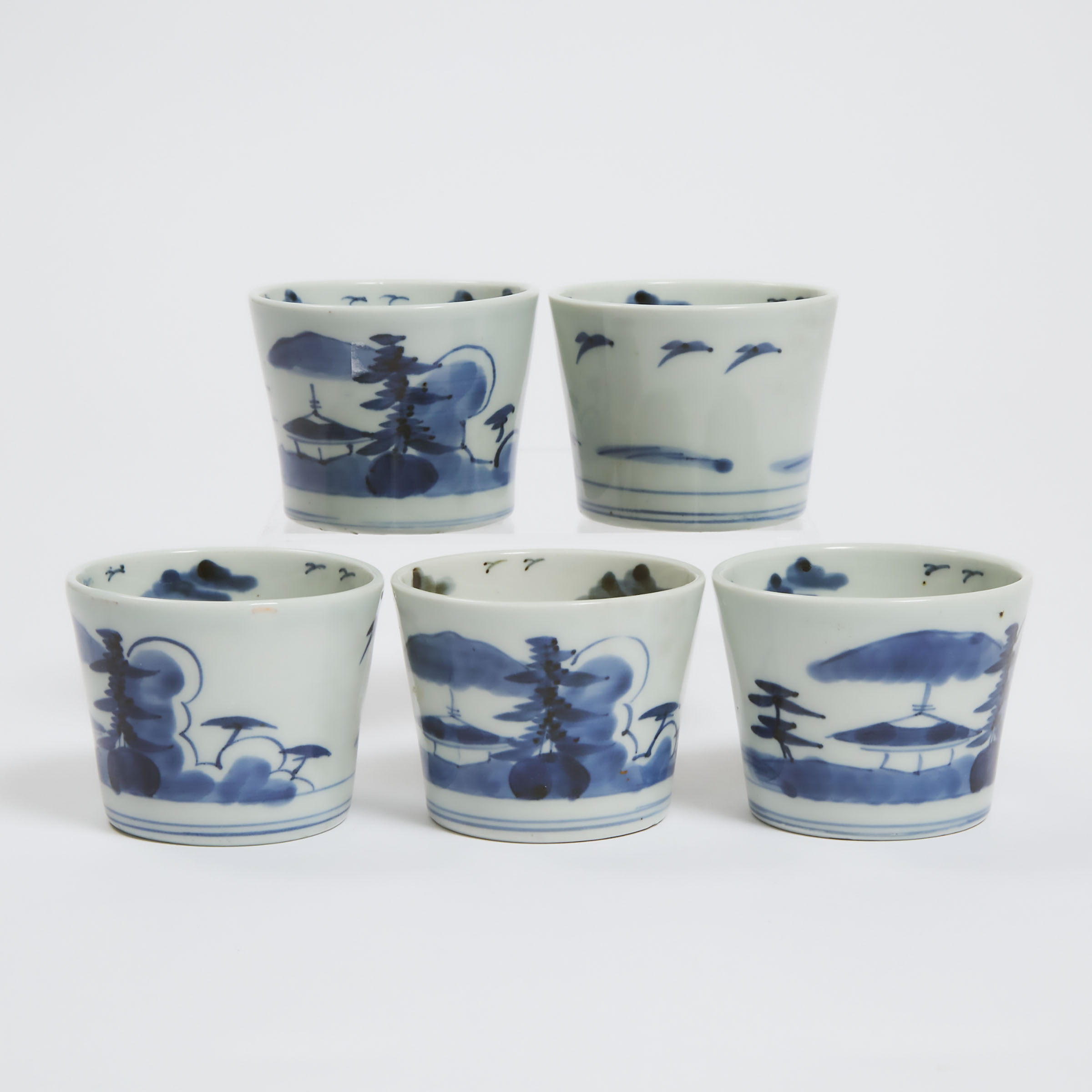 A Set of Five Blue and White Cafe-au-Lait Rimmed Tea Cups, 19th Century