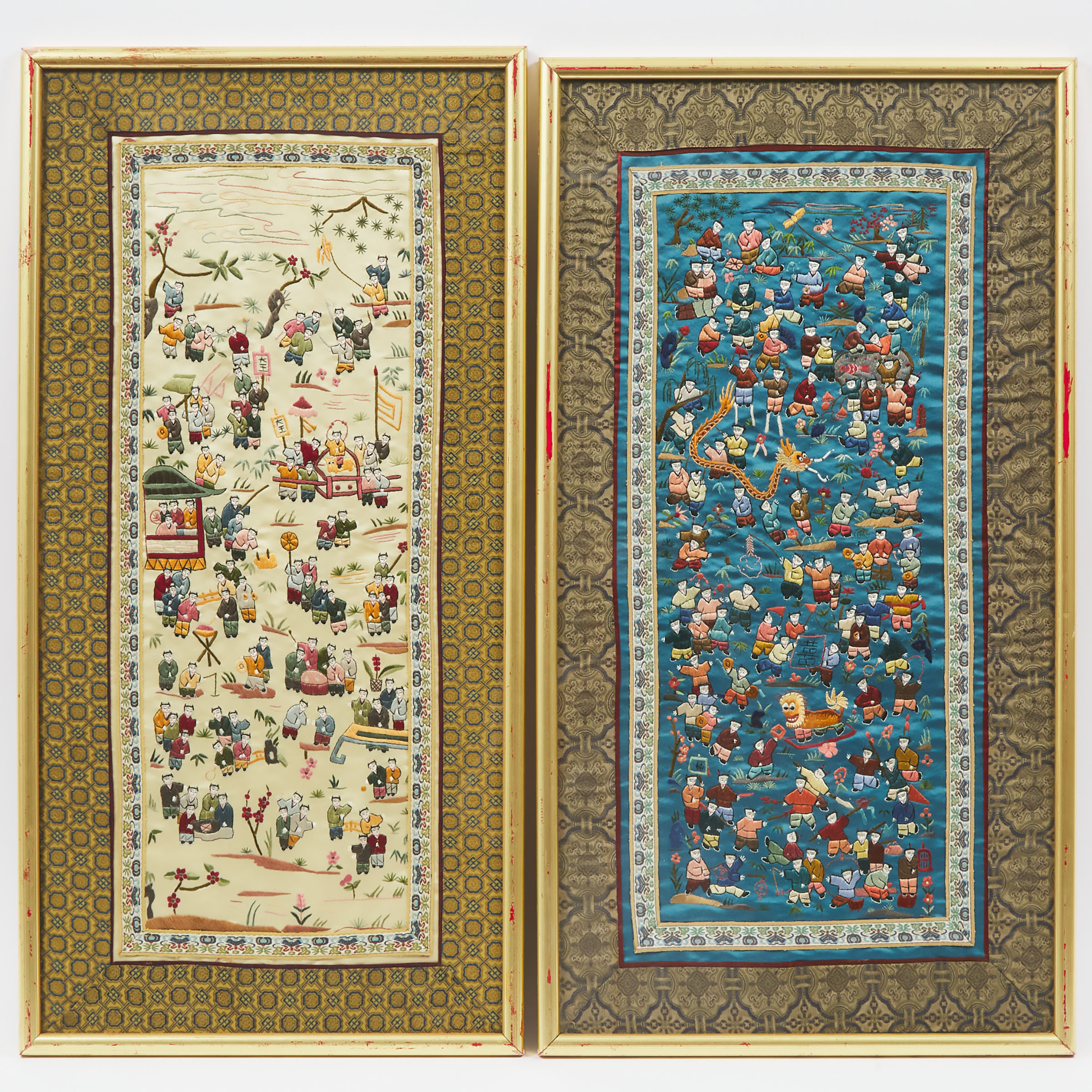Two Framed Chinese Embroidered 'Hundred Boys' Panels, Late 19th Century
