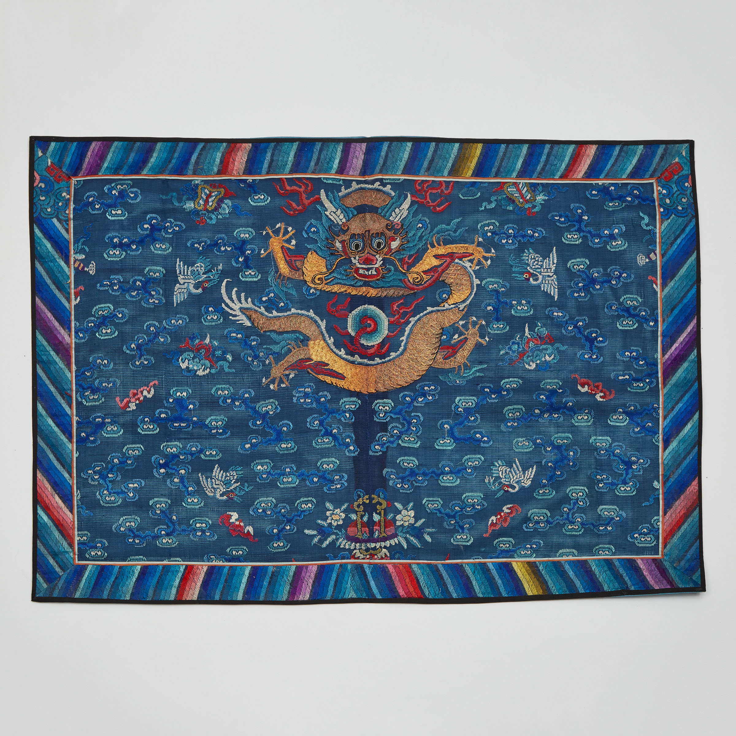 A Blue-Ground Summer Gauze 'Dragon' Embroidered Panel, Qing Dynasty, 19th Century