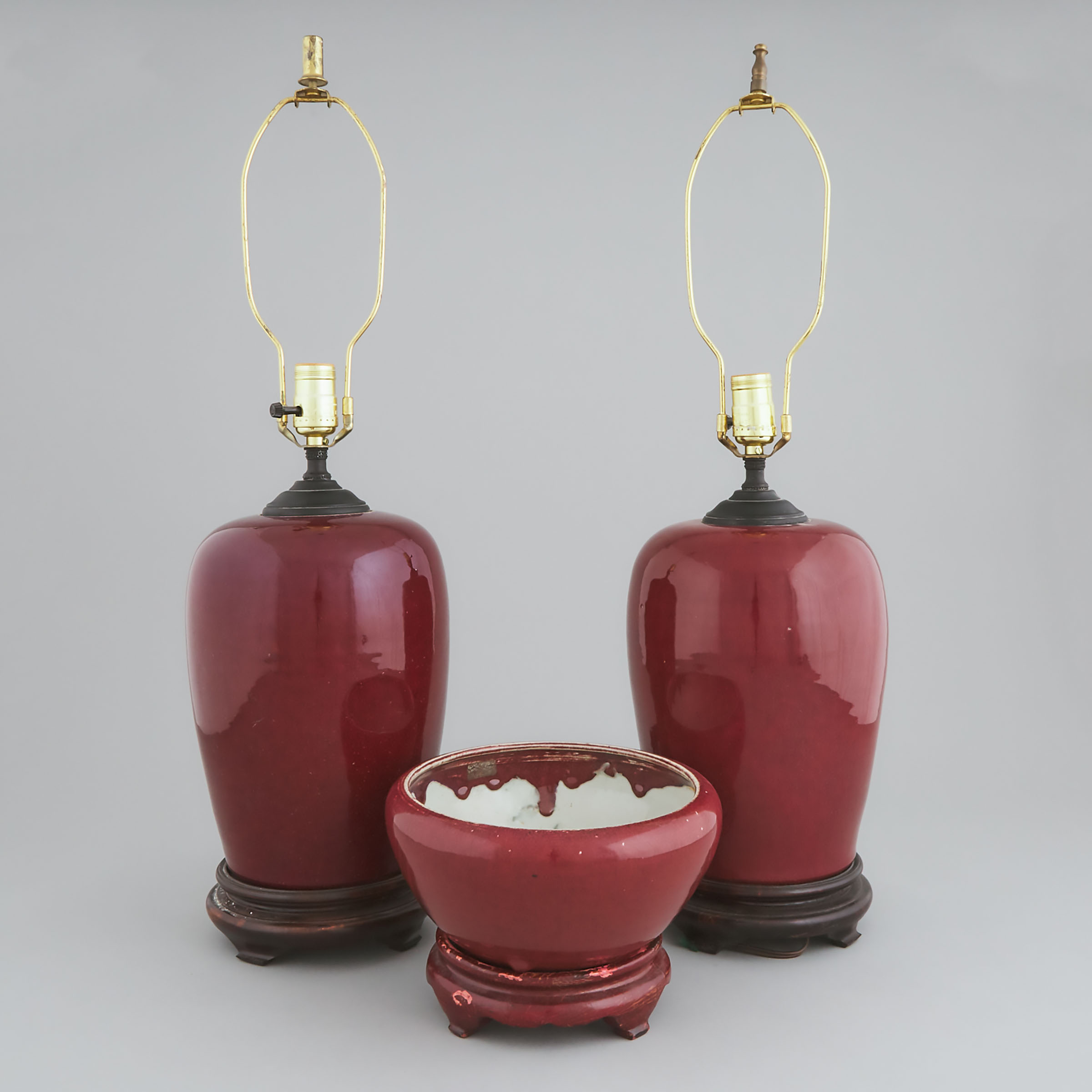 A Pair of Flambé Glazed Vase Lamps, Together With a Jardinière, 19th Century