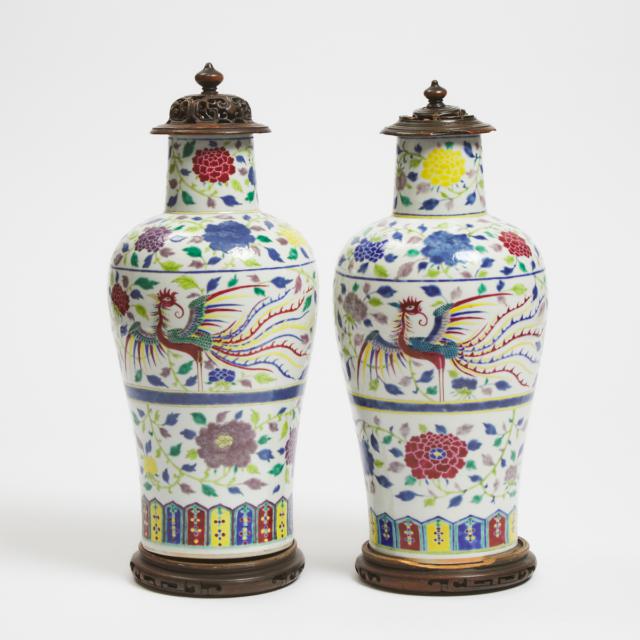 A Pair of Chinese Enameled Porcelain Vases, Kangxi Mark, 20th Century
