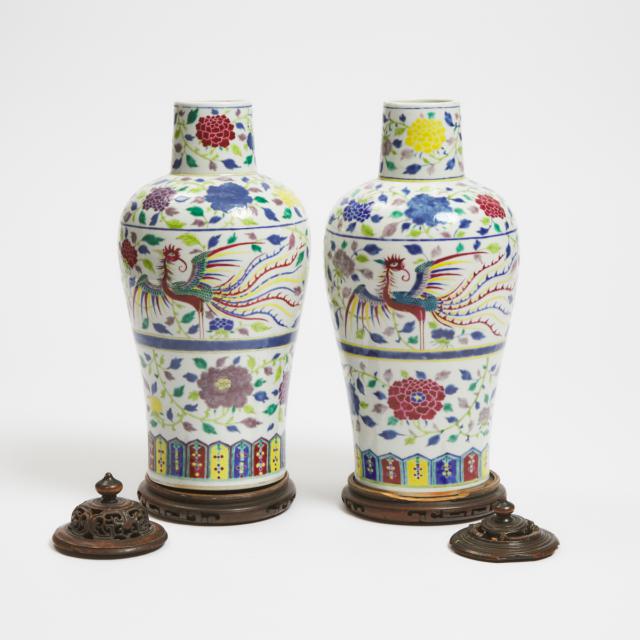 A Pair of Chinese Enameled Porcelain Vases, Kangxi Mark, 20th Century