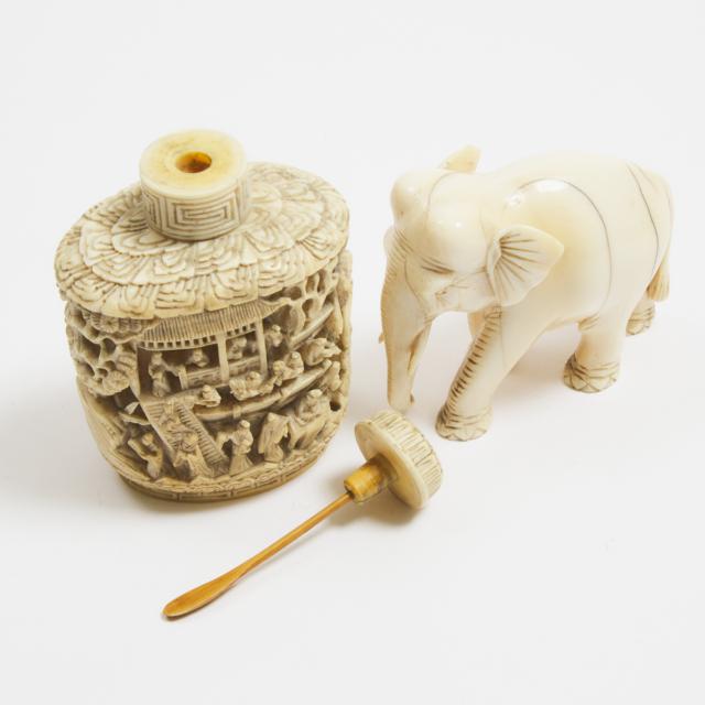 A Large Canton Carved Ivory Snuff Bottle, Together With an Ivory Elephant, Early to Mid 20th Century