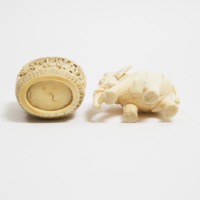 A Large Canton Carved Ivory Snuff Bottle, Together With an Ivory Elephant, Early to Mid 20th Century
