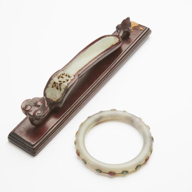 A Mughal-Style Inlaid Greyish-White Jade Bangle, Together With a Pale Celadon Jade Hair Pin, 19th Century