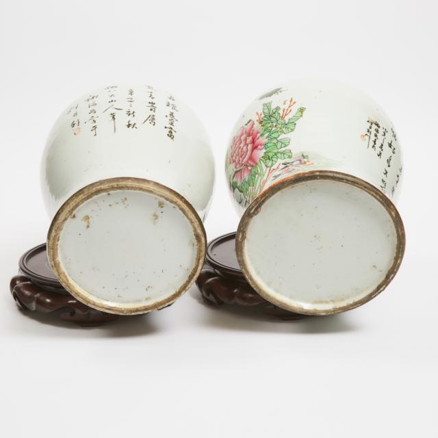 A Pair of Famille Rose 'Birds, Flowers, and Calligraphy' Temple Jars and Covers, Republican Period