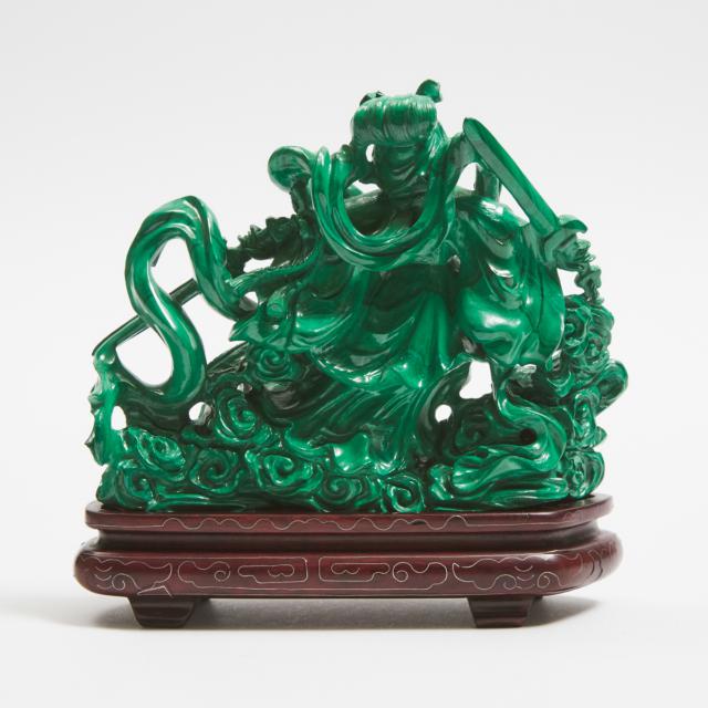A Chinese Malachite Figure of a Lady Wielding Two Swords, Mid 20th Century