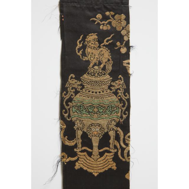 A Chinese Embroidered Silk Robe Sleeve Depicting a Buddhist Censer, Qing Dynasty