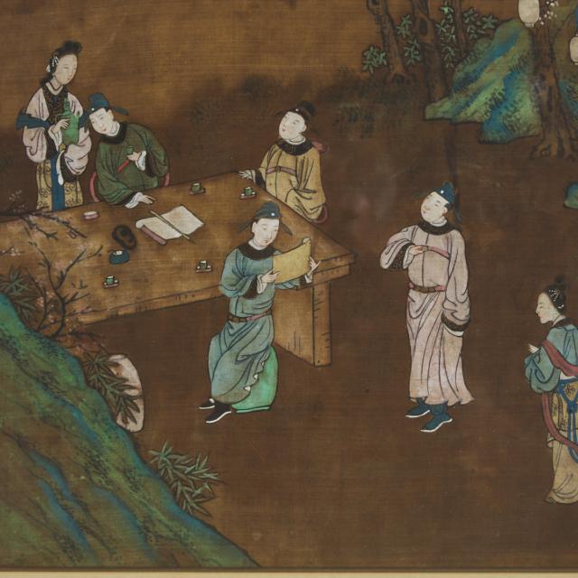 A Chinese Silk Painting of Young Scholars and Ladies in a Garden, Qing Dynasty