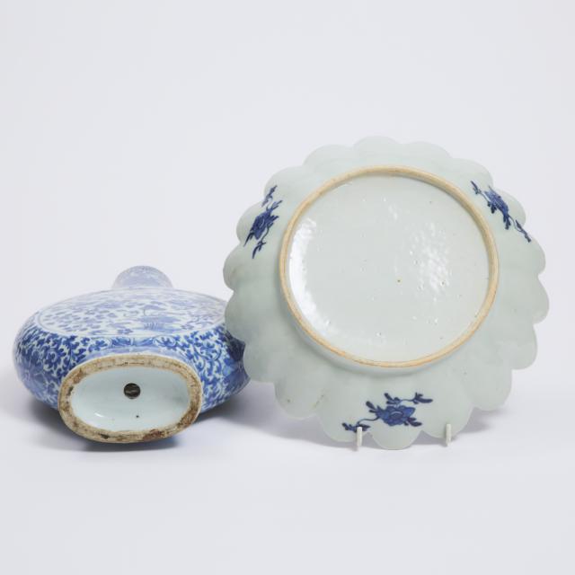 A Blue and White Moonflask, Together With a Lobed Dish, Qianlong Period, 18th Century 