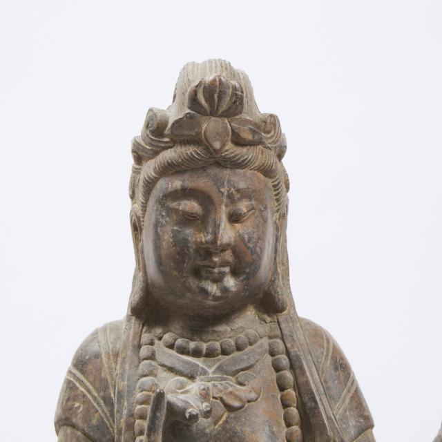 A Stone Figure of Guanyin and Acolytes, 20th Century