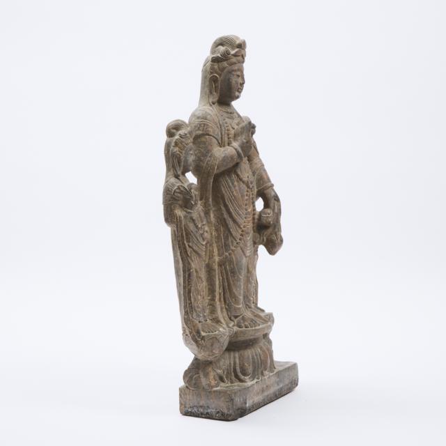 A Stone Figure of Guanyin and Acolytes, 20th Century