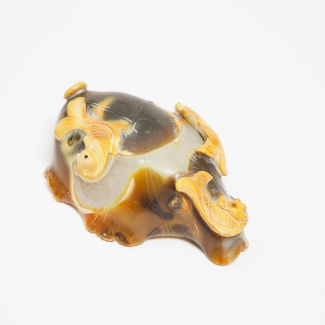An Agate 'Carps and Lotus' Washer, Mid 20th Century