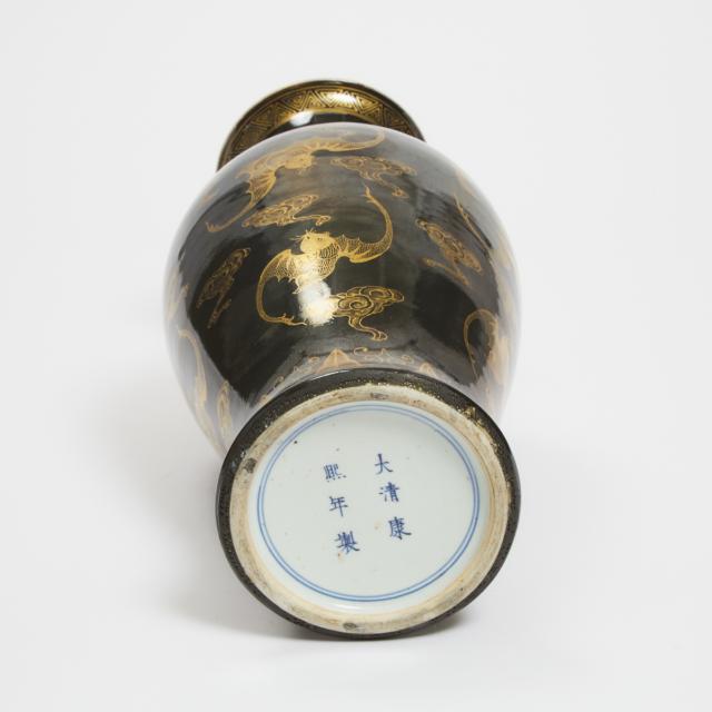 A Gilt-Decorated Mirror-Black-Glazed 'Bats' Vase, Kangxi Mark, 19th Century