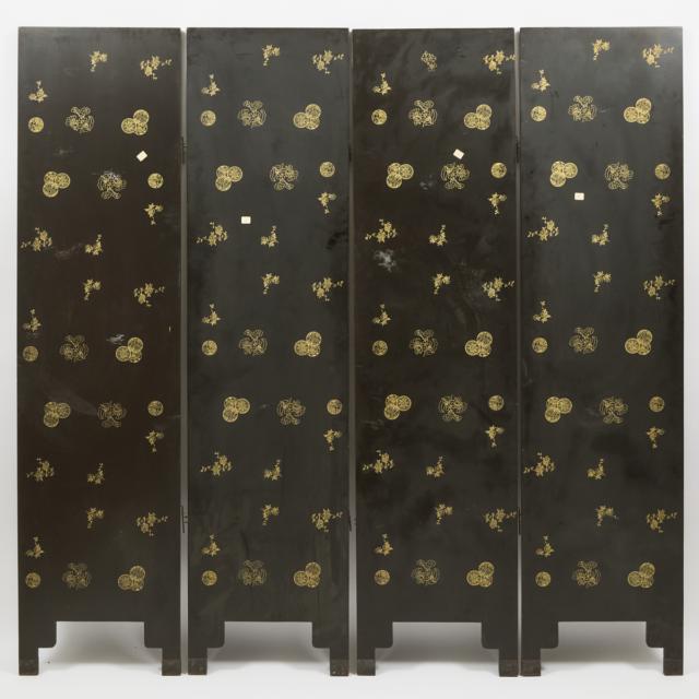 A Chinese Soapstone Inlaid 'Birds and Flowers' Four-Panel Floor Screen, Early to Mid 20th Century