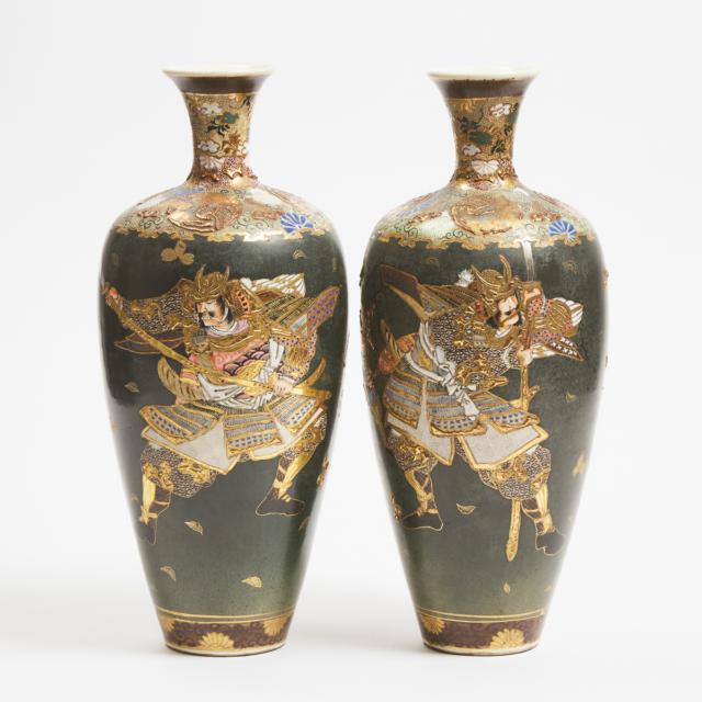 A Pair of Satsuma Dark Green Ground 'Samurai' Vases, Meiji Period (1868-1912)