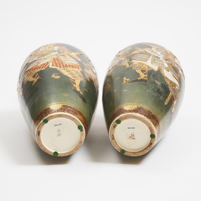 A Pair of Satsuma Dark Green Ground 'Samurai' Vases, Meiji Period (1868-1912)