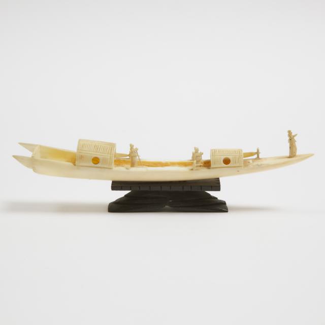 An Ivory Carved Boat, Together With a Fan and Eight Miniature Horses, Early to Mid 20th Century