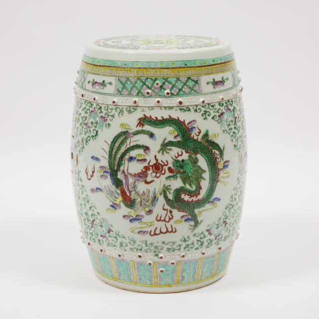 A Famille Rose 'Dragon and Phoenix' Barrel Stool, Early 20th Century