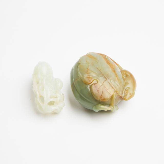 A White Jade 'Double-Gourd' Pendant, Together With a Celadon Jade 'Squirrel and Melon' Carving, Qing Dynasty 