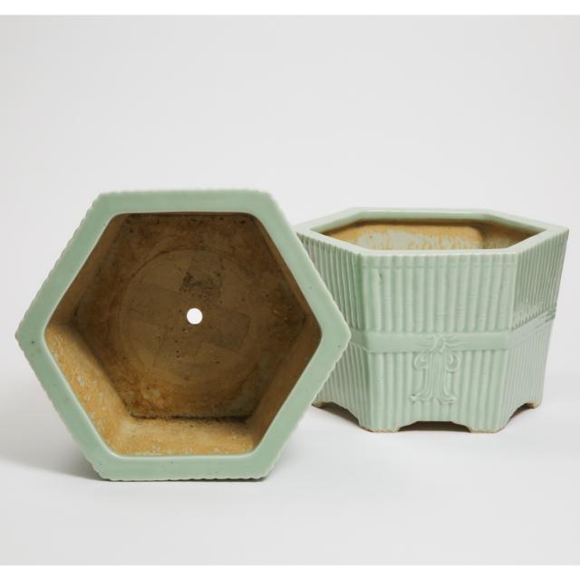 A Pair of Chinese Celadon-Glazed Hexagonal 'Bamboo' Jardinières, Late Qing/Republican Period