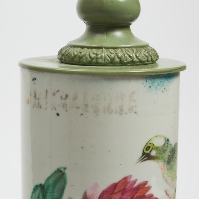 Two Famille Rose Porcelain 'Birds and Flowers' Sleeve Vase Lamps, Republican Period, Dated 1918