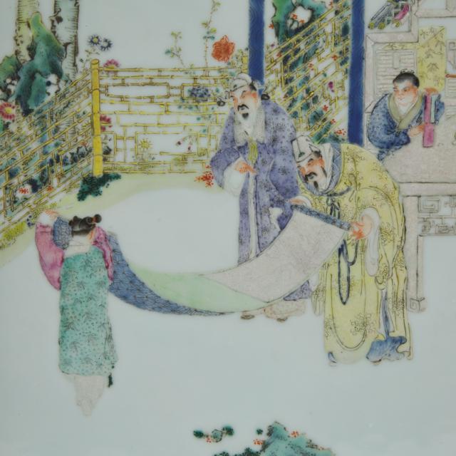 A Famille Rose 'Scholars' Porcelain Panel, Late Qing Dynasty