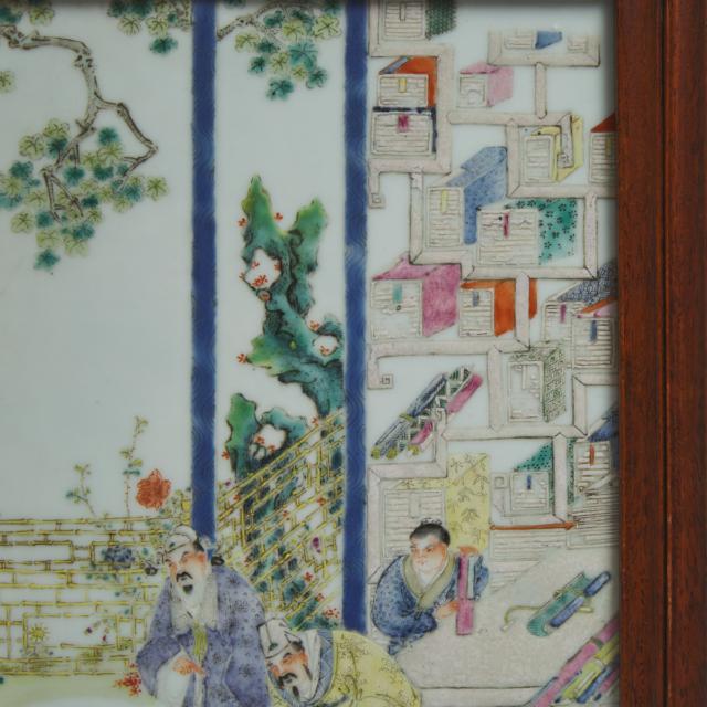 A Famille Rose 'Scholars' Porcelain Panel, Late Qing Dynasty