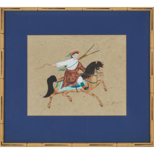 Two Tibetan Paintings of a a Female Warrior on Horseback and an Elephant Trainer