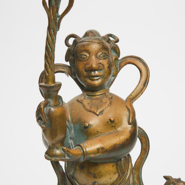 A Chinese Bronze 'Daoist Immortal and Acolyte' Taperstick, Qing Dynasty