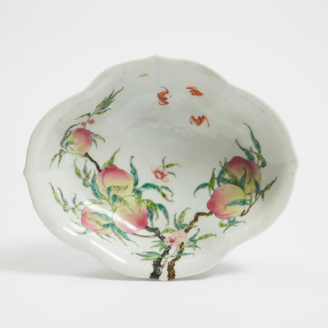 A Famille Rose 'Nine Peaches' Footed Dish, Dun Ben Tang Mark, Late 19th/Early 20th Century