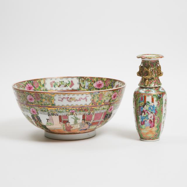 A Canton Famille Rose Vase and Punch Bowl, 19th Century and Later