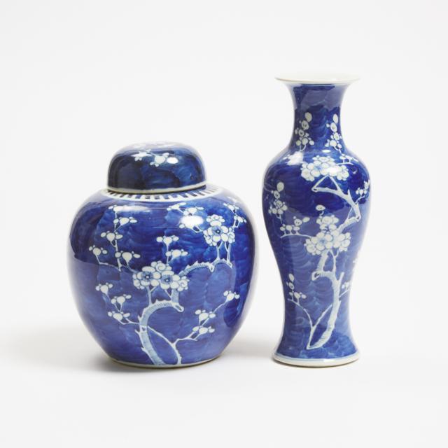 A Blue and White 'Prunus' Ginger Jar and Cover, Together With a Vase, 19th/20th Century