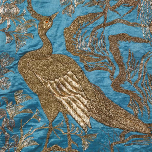 A Large Chinese Gold Silk Embroidered Blue-Ground 'Peacock' Panel, Qing Dynasty, 19th Century