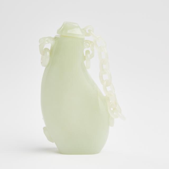 A Pale Celadon Jade 'Hanging Leather Ewer' Form Flask and Cover, Early 20th Century