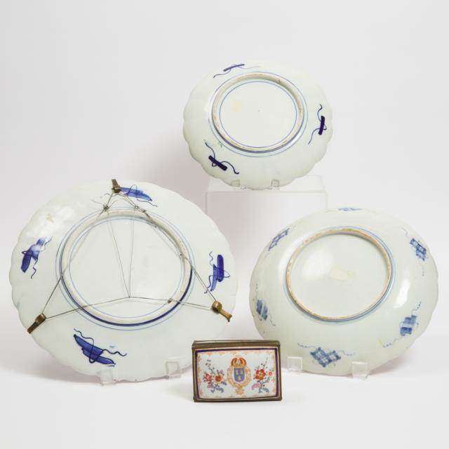 A Chinese Export Metal-Mounted Armorial Porcelain Box, Together With Three Japanese Imari Chargers, 18th/19th Century