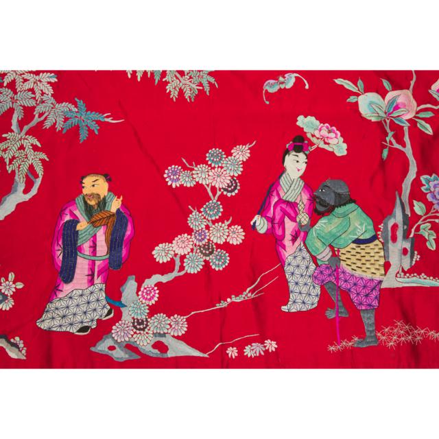 A Large Chinese Silk Embroidered Red-Ground 'Eight Immortals' Hanging Panel, Republican Period, Early 20th Century